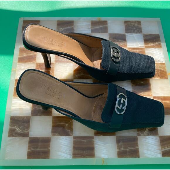Vintage Gucci Black Canvas Heeled Mules with Logo - Picture 4 of 6
